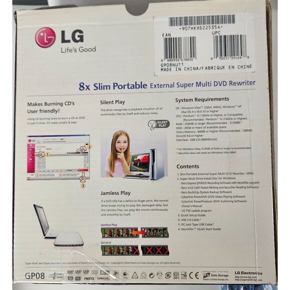LG 8x Slim Portable External Multi DVD Rewriter GP08 USB Cable & Software PC/Mac - Picture 2 of 8